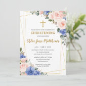 Blush Pink Blue Floral Gold Baptisme Christening I Kaart (Staand voorkant)