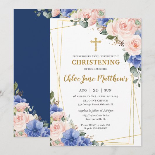Blush Pink Blue Floral Gold Baptisme Christening I Kaart (Voorkant / Achterkant)