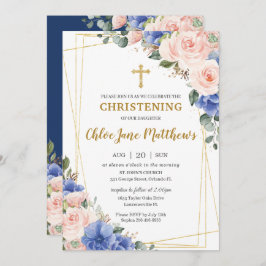 Blush Pink Blue Floral Gold Baptisme Christening I Kaart