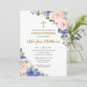 Blush Pink Blue Floral Gold Baptisme Christening  Kaart (Staand voorkant)