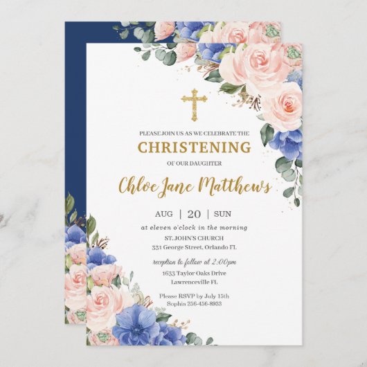 Blush Pink Blue Floral Gold Baptisme Christening  Kaart (Voorkant / Achterkant)