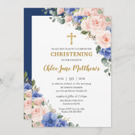 Blush Pink Blue Floral Gold Baptisme Christening  Kaart