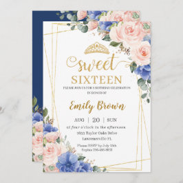 Blush Pink Blue Floral Sweet 16 Zestien verjaardag Kaart
