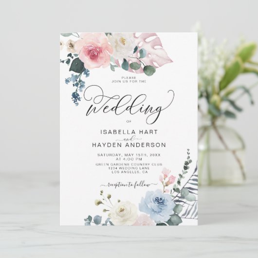 Blush Pink Blue Floral Tropical Beach Boho Wedding Kaart (Staand voorkant)