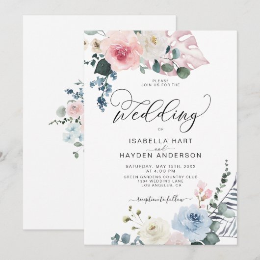 Blush Pink Blue Floral Tropical Beach Boho Wedding Kaart (Voorkant / Achterkant)