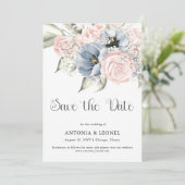 Blush Pink Blue Floral Wedding Sla de datum op Save The Date (Staand voorkant)