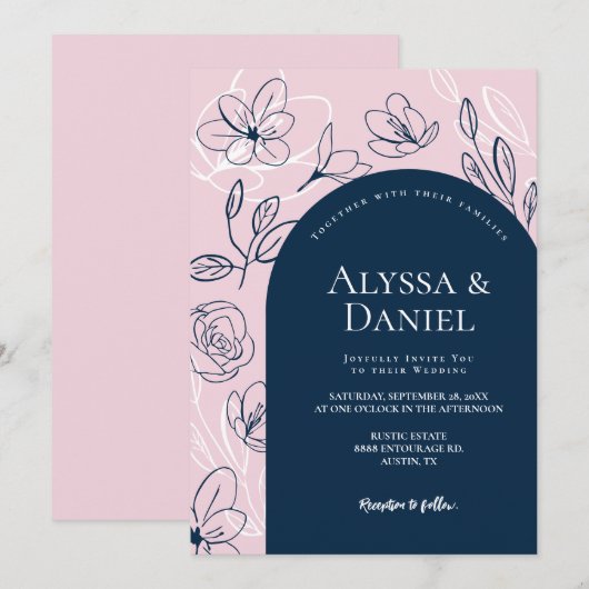 Blush Pink Blue Florals laat modern boogontwerp Kaart (Voorkant / Achterkant)