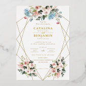 Blush Pink Blue Geometric Gold Lettering Wedding Folie Uitnodiging (Voorkant)