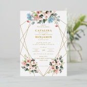 Blush Pink Blue Geometric Gold Lettering Wedding Folie Uitnodiging (Staand Voorkant)