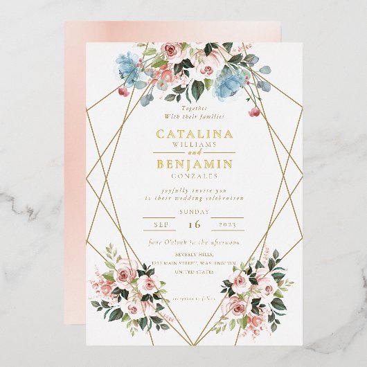 Blush Pink Blue Geometric Gold Lettering Wedding Folie Uitnodiging (Voorkant / Achterkant)