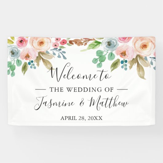 Blush Pink Blue Rozen Peonies Floral Wedding Party Spandoek (Horizontaal)