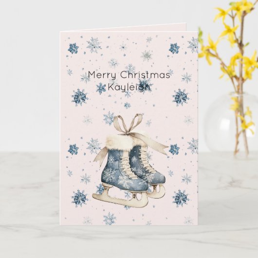 Blush Pink Blue Snowflakes Ice Skates Christmas Kaart (Gele Bloem)