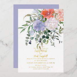 Blush Pink & Blue Waterverf Floral Weddenschap Gol Folie Uitnodiging