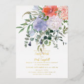 Blush Pink & Blue Waterverf Floral Weddenschap Gol Folie Uitnodiging (Voorkant)