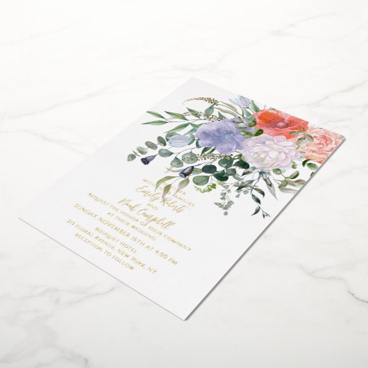 Blush Pink & Blue Waterverf Floral Weddenschap Gol Folie Uitnodiging (Gedraaid)