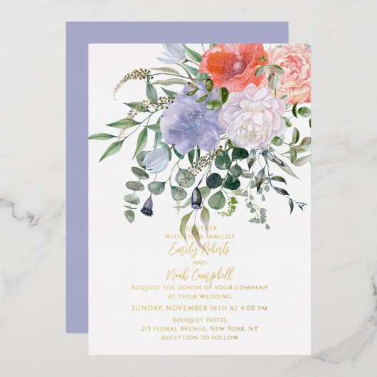 Blush Pink & Blue Waterverf Floral Weddenschap Gol Folie Uitnodiging (Voorkant / Achterkant)