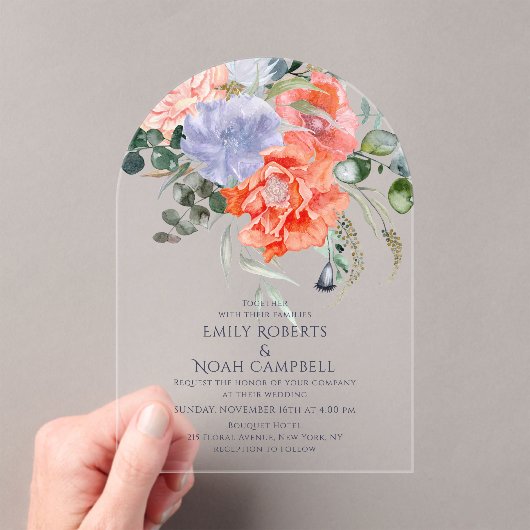 Blush Pink & Blue Waterverf Floral Wedding Acryl Uitnodigingen (Insitu (Draagbaar))