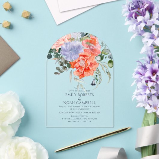 Blush Pink & Blue Waterverf Floral Wedding Acryl Uitnodigingen (Insitu (Huwelijk))