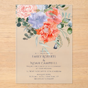 Blush Pink & Blue Waterverf Floral Wedding Acryl Uitnodigingen