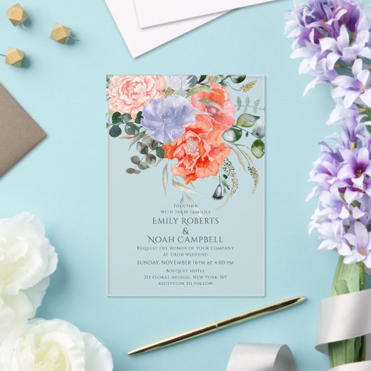 Blush Pink & Blue Waterverf Floral Wedding Acryl Uitnodigingen (Insitu (Huwelijk))