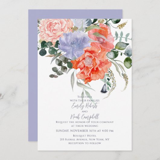 Blush Pink & Blue Waterverf Floral Wedding Kaart (Voorkant / Achterkant)