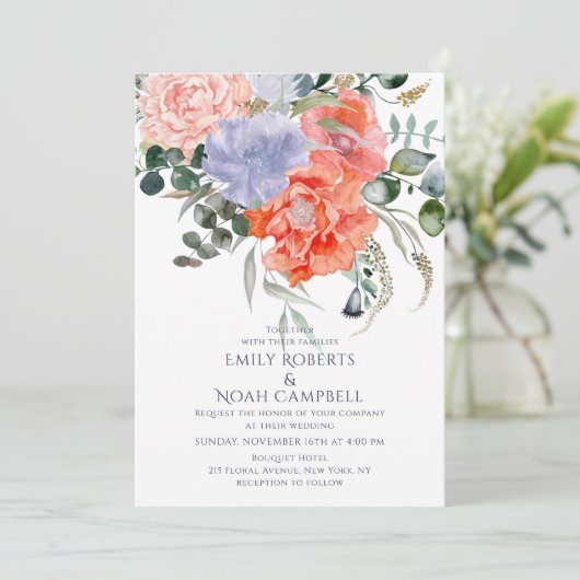 Blush Pink & Blue Waterverf Floral Wedding Kaart (Staand voorkant)