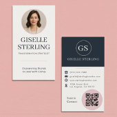 Blush Pink Blush & Navy Blue Photo QR Code Visitekaartje