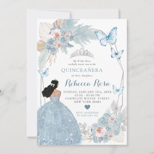 Blush Pink Boho Blue Prinses Royal Quinceañera Kaart (Voorkant)
