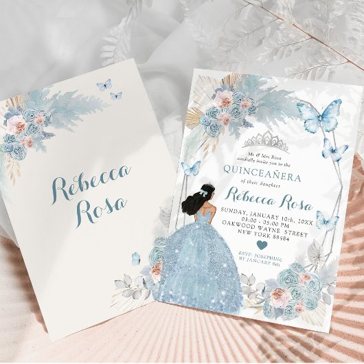 Blush Pink Boho Blue Prinses Royal Quinceañera Kaart