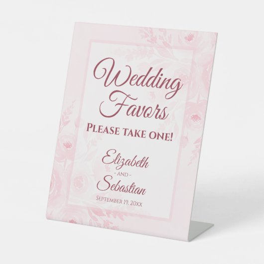 Blush Pink Boho Chic Floral Wedding Favors Sign Reclamebord Met Voetstuk (Voorkant)