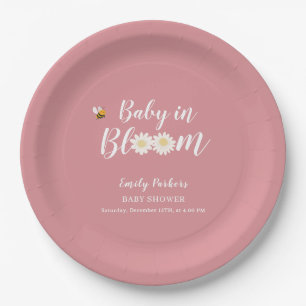 Blush Pink Boho Daisy Floral Baby in Bloom Shower Papieren Bordje