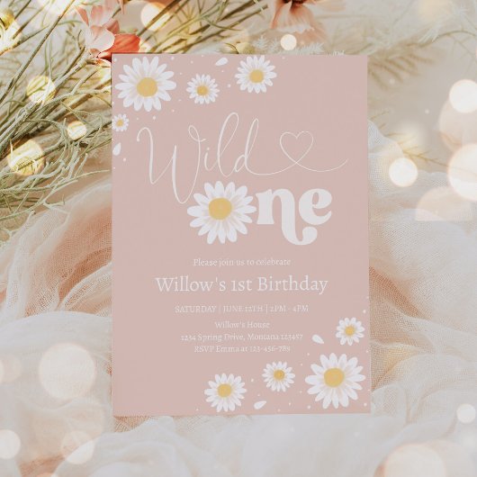 Blush Pink Boho Daisy Wild Een 1e Verjaardagsfeest Kaart