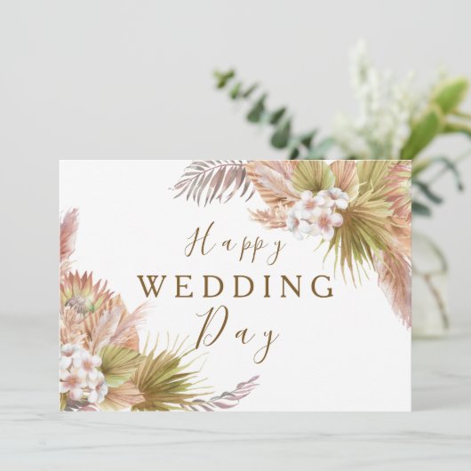Blush Pink Boho Floral Modern Happy Wedding Day Kaart (Staand voorkant)