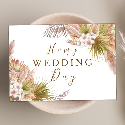 Blush Pink Boho Floral Modern Happy Wedding Day Kaart