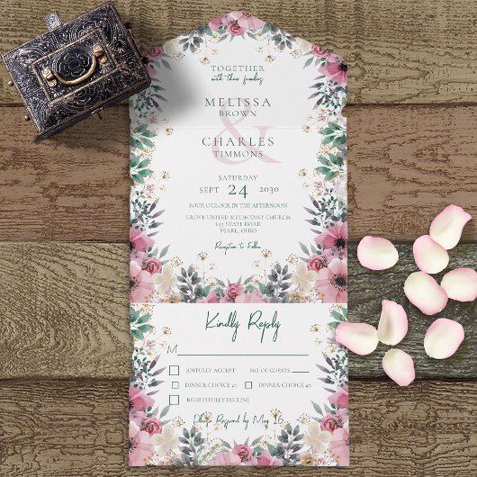Blush Pink Boho Floral Wreaten Dinner All In One Uitnodiging