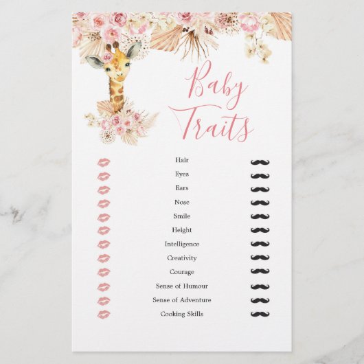 Blush Pink Boho Giraffe Baby shower Baby Traits (Voorkant)