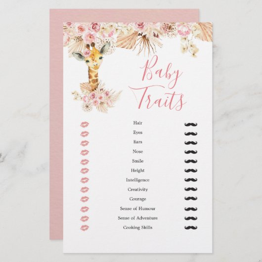 Blush Pink Boho Giraffe Baby shower Baby Traits (Voorkant / Achterkant)