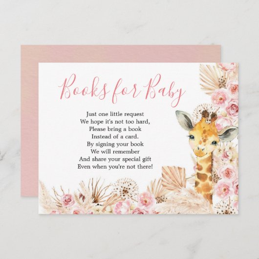 Blush Pink Boho Giraffe Baby shower Boeken voor Ba Uitnodiging Briefkaart (Voorkant / Achterkant)