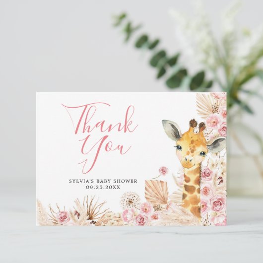 Blush Pink Boho Giraffe Baby shower Dank u kaart (Staand voorkant)