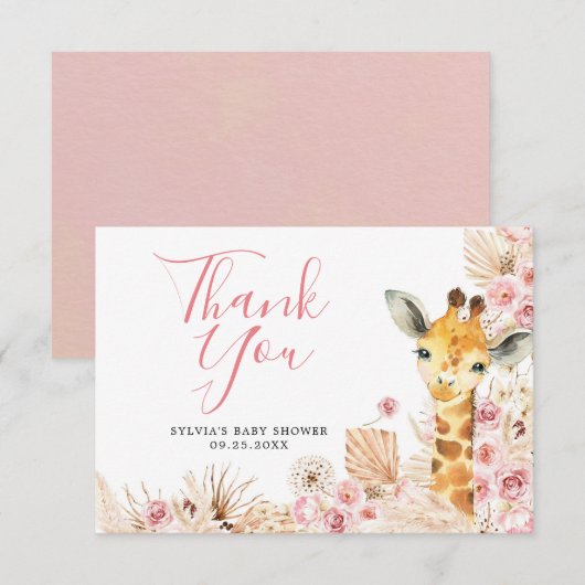 Blush Pink Boho Giraffe Baby shower Dank u kaart (Voorkant / Achterkant)