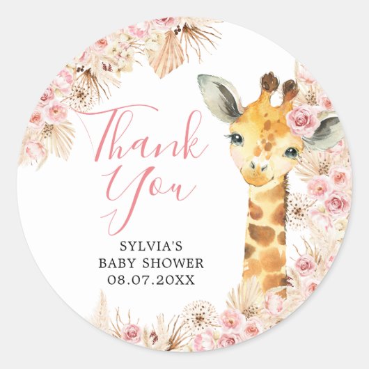 Blush Pink Boho Giraffe Baby shower dank u Ronde Sticker (Voorkant)