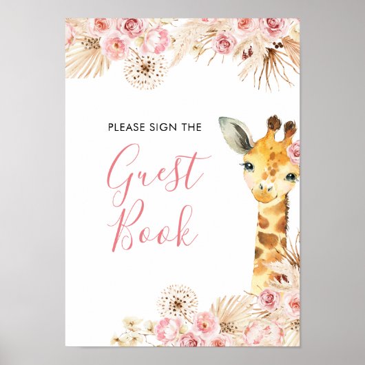 Blush Pink Boho Giraffe Baby shower Gastenboek Poster (Voorkant)