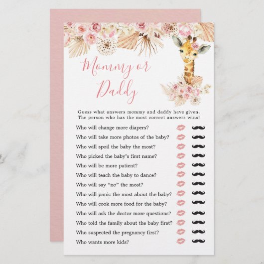 Blush Pink Boho Giraffe Baby shower Mama of Papa (Voorkant / Achterkant)