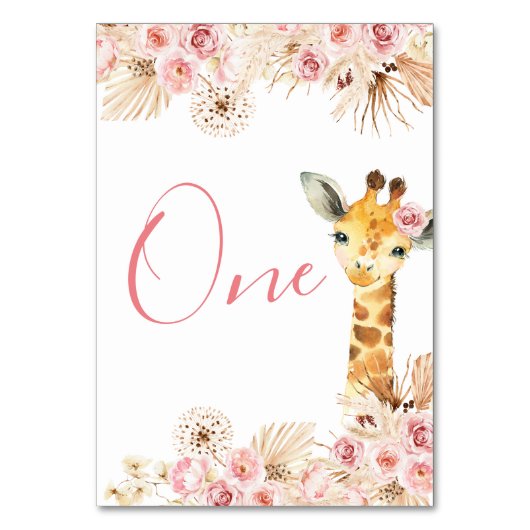 Blush Pink Boho Giraffe Baby shower Tafelnummer (Voorkant)