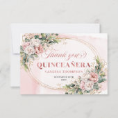 Blush Pink Boho Greenery Floral Quinceañera Thanks Bedankkaart (Voorkant)