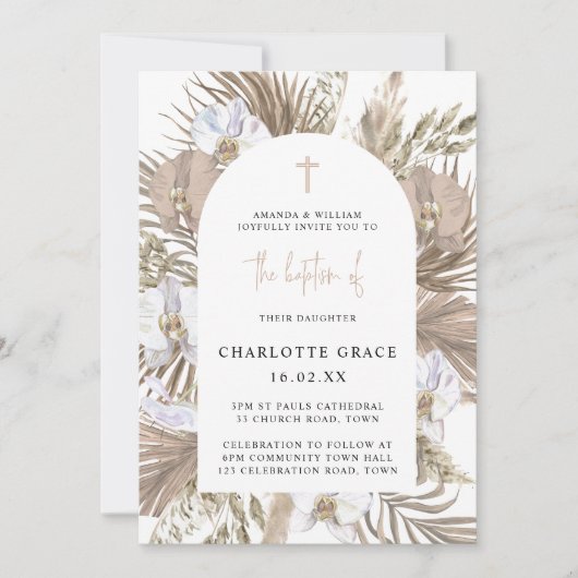 Blush Pink Boho Palm Floral Arch Baptisme Invitati Kaart (Voorkant)