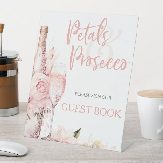 Blush Pink Boho Petals Prosecco Gastenboek Reclamebord Met Voetstuk (Insitu)
