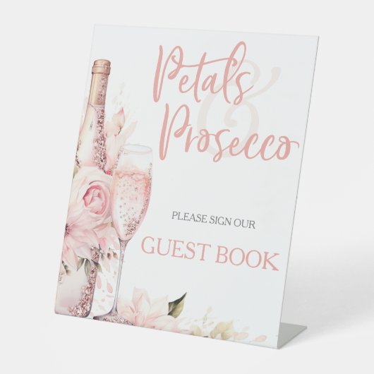 Blush Pink Boho Petals Prosecco Gastenboek Reclamebord Met Voetstuk (Voorkant)