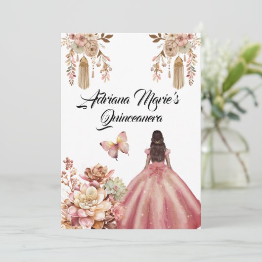 Blush Pink Boho Quinceanera Kaart (Staand voorkant)