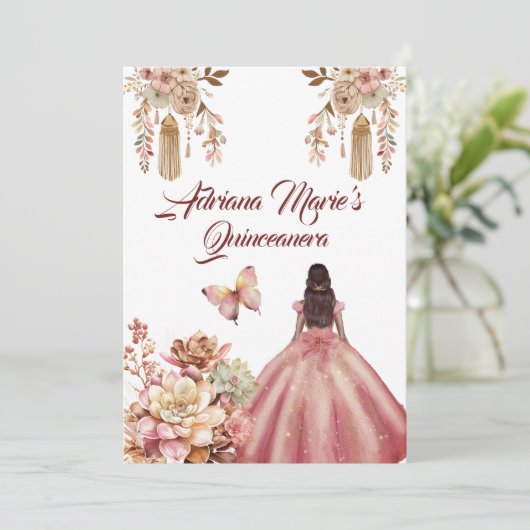 Blush Pink Boho Quinceanera Kaart (Staand voorkant)